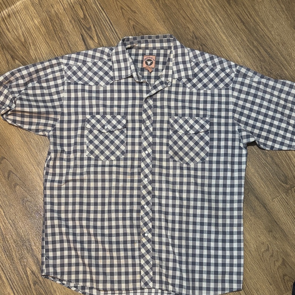 Men's‎ Navy and White Checkered Short-Sleeve Pearl snap size 2XL